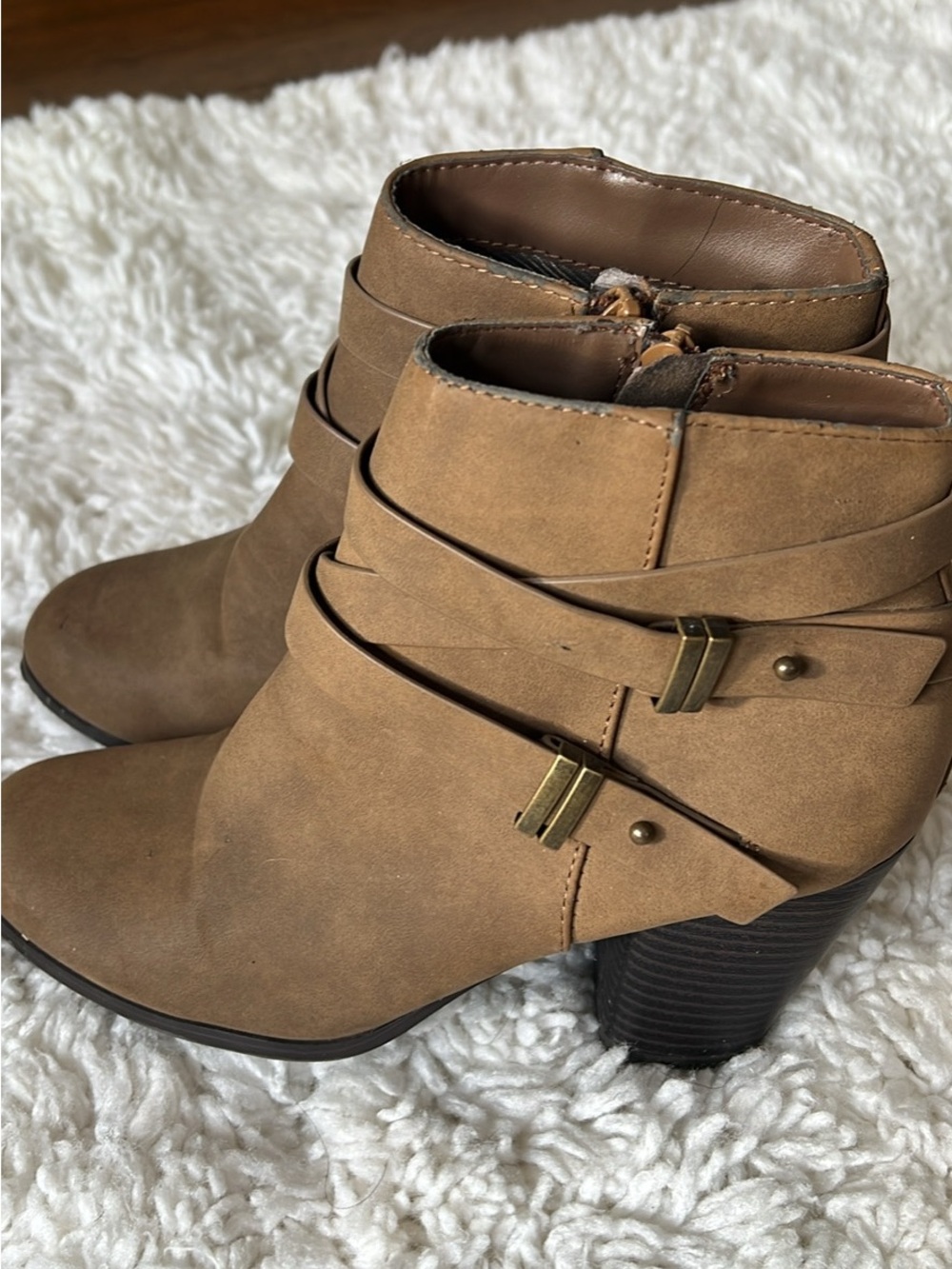 Women’s Tan Ankle Strap Block Heel Booties